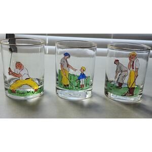 Glasses-Old Fashion-Cartoon Golfers-Gold Rim-Set of 3-Signed by Artist